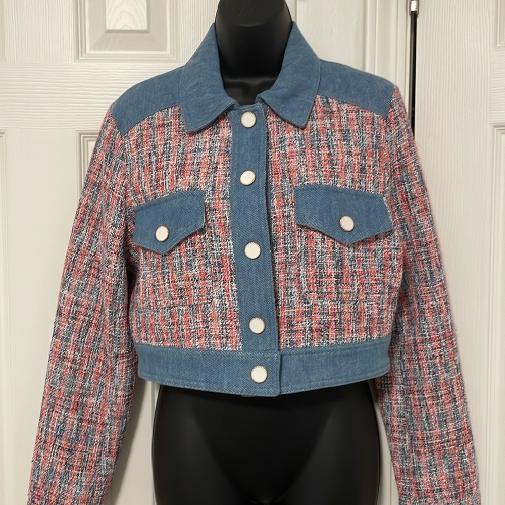 New House of Harlow 1960 Preppy Tweed Cropped Pearlscent Button Blazer Size S